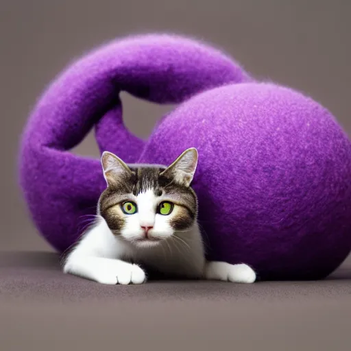 Prompt: A cat playing with a Purple Woolen Ball，by canva