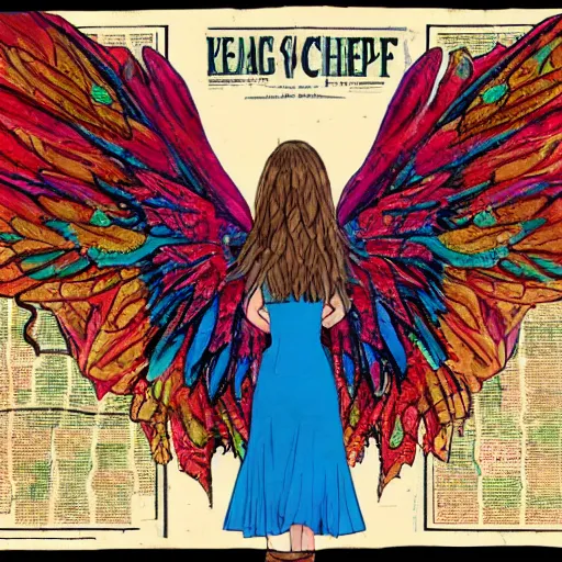 Image similar to A banshee with large and colorful wings kneels down by an old paper map while eating a piece of meat.