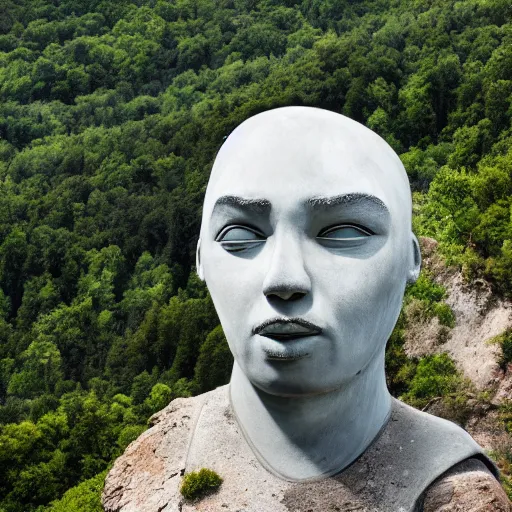 Prompt: a series of gigantic weird concrete head busts in the mountains, surrounded by vegetation, perspective shot from the sky, realistic, by origiful, 4 k
