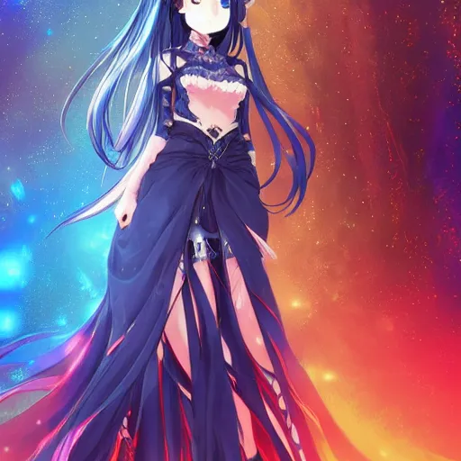 Image similar to a teenage anime girl wearing a very high intricate detailed dress made out of blue fire , full body, very long black/red hair, one yellow and one blue eye, intense stare, cinematic lighting, medium shot, MCU, trending on artstation, CSP, Photoshop, WLOP, Rossdraws, James Jean, Andrei Riabovitchev, Marc Simonetti, Anastasia Ovchinnikova, and Sakimichan