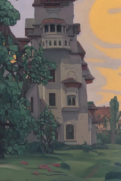 Image similar to view of the old tower and its gardens after a storm, tall windows lit up, beautiful ornamental architecture, dramatic cinematic lighting, rich colors, by Nicholas Roerich and and Caspar David Friedrich , smooth, sharp focus, extremely detailed, featured on artstation