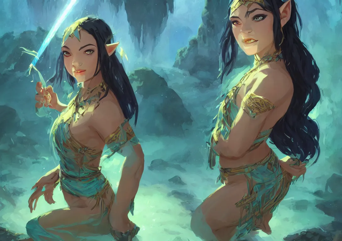 Image similar to half orc half elf woman, beautiful face and small orc tusks, holding a glowing diamond, tropical mage dress with high slit, several layers of fabric, sitting in glowing blue water in a cave, by ilya kuvshinov, krenz cushart, Greg Rutkowski, trending on pixiv