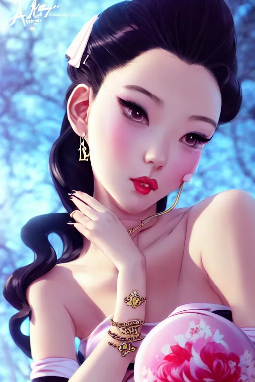 Image similar to a pin up and beautiful fashion dreamlke japan girl with lv jewelry, character art, art by artgerm and wlop and and ilya kuvshinov, hyperdetailed, 8 k realistic, symmetrical, frostbite 3 engine, cryengine, dof, trending on artstation, digital art, chanel, dior, fantasy background