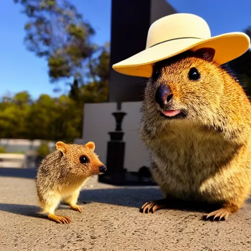 Image similar to happy quokka wearing a suit and a hat, taking a selfie, golden hour, realistic