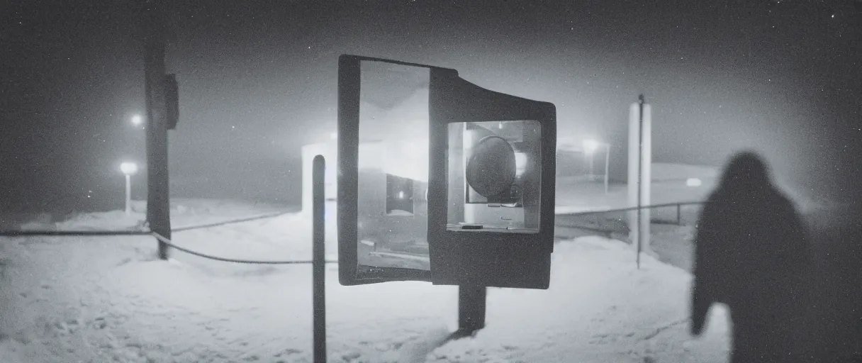 Image similar to a high quality dimly lit color photograph of a 1 9 8 2 crt security monitor showing cctv surveillence camera footage of a man in closeup of a shadowy silhouette bulky figure wearing a hoodie standing near a structure in antarctica at night