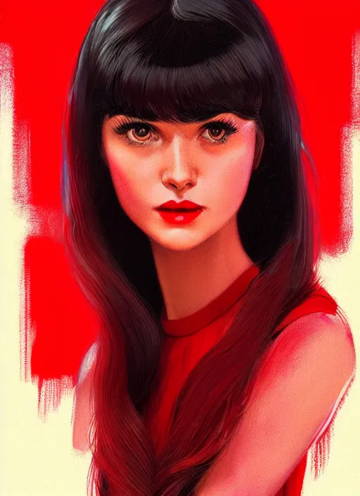 Image similar to portrait of veronica lodge with bangs, 1 9 6 0 s, long hair, red clothes, bangs, intricate, elegant, glowing lights, highly detailed, digital painting, artstation, concept art, smooth, sharp focus, illustration, art by wlop, mars ravelo and greg rutkowski