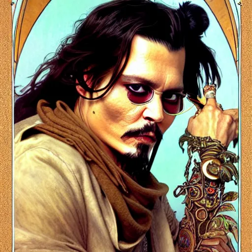 Image similar to full portrait of johnny depp as ace ventura, fantasy, d & d, intricate, detailed, by by alphonse mucha, adolfo hohenstein, alice russell glenny, stanley artgerm lau, greg rutkowski, detailed, trending on artstation, trending on artstation, smooth