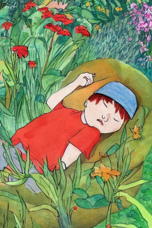 Prompt: a little boy with red hair asleep in a garden. clean elegant pretty cartoon painting, beautiful detailed face, storybook illustration.