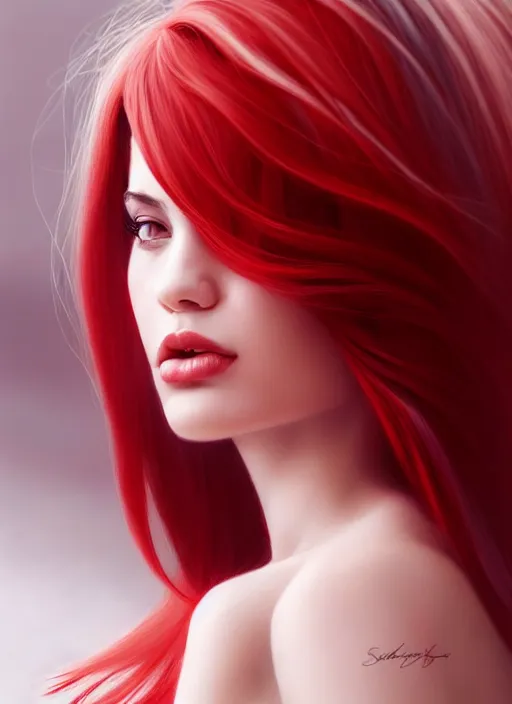 Prompt: photo of gorgeous woman with red and white ombre in the style of stefan kostic, realistic, half body shot, sharp focus, 8 k high definition, insanely detailed, intricate, elegant, art by stanley lau and artgerm, foggy backgeound