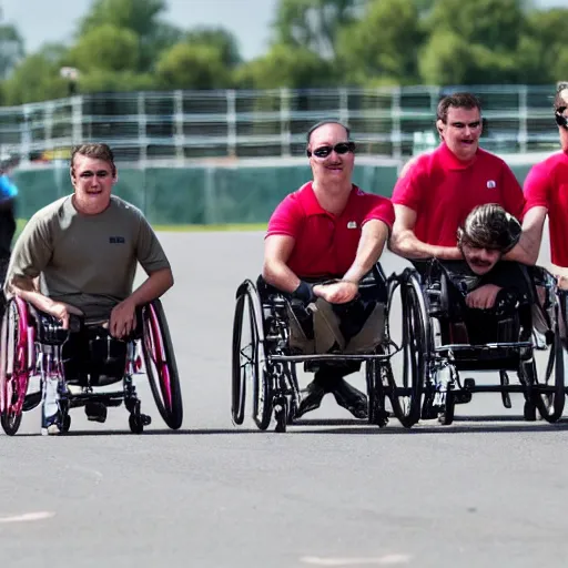 Prompt: men in khaki on wheelchairs with turbo engines compete on a race track