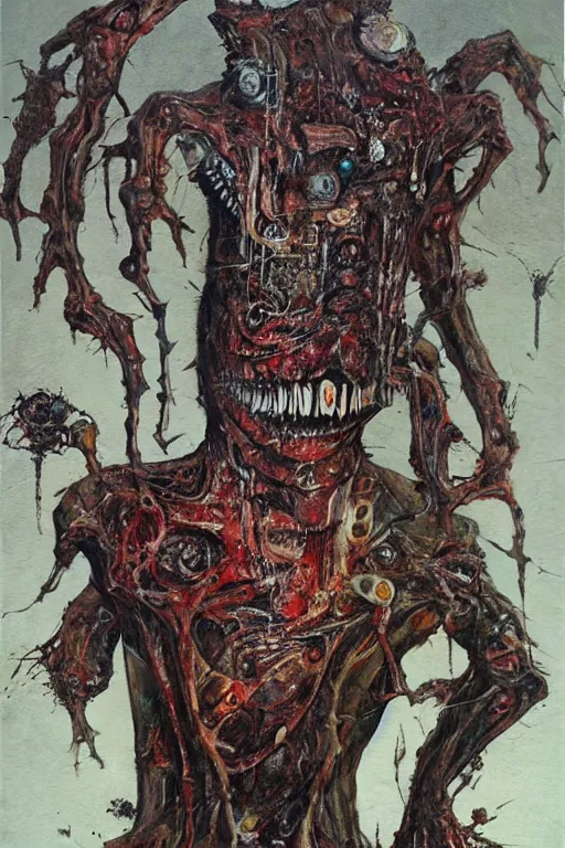 Image similar to Moloch full body shot, hyper-realistic oil painting, Body horror, biopunk, by Ralph Steadman, Francis Bacon, Hunter S Thompson