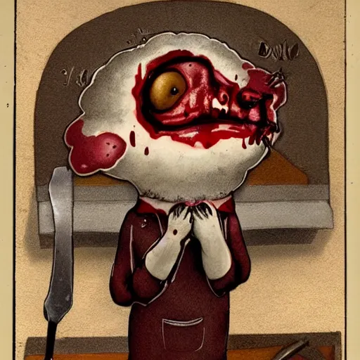 Prompt: an immortal dead hamster in a butcher's suit with an evil face, in an apron covered in blood, holding cleavers in his hands. the hamster has 4 arms. front view.