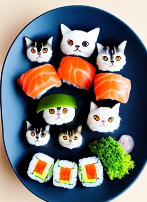 Image similar to clear photorealistic picture of adorable cats made out of sushi