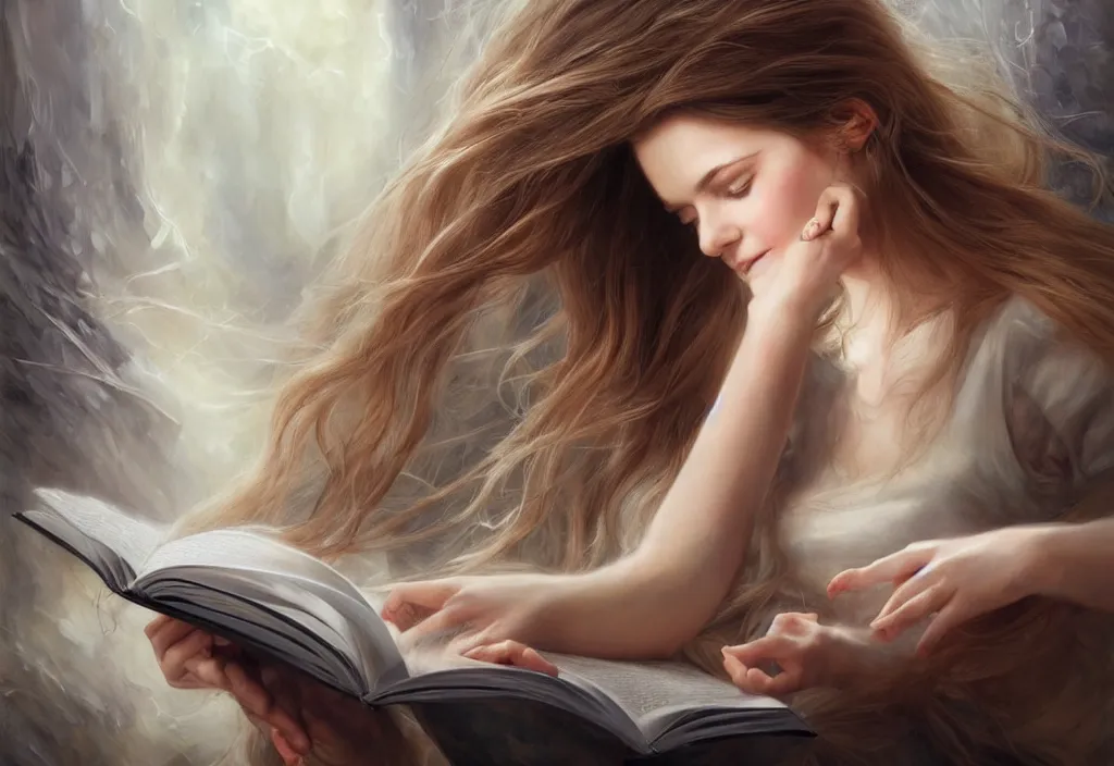 Image similar to a girl reading a book, hair flowing down, 8 k, hyperrealistic, hyperdetailed, fantasy portrait by laura sava, singular woman