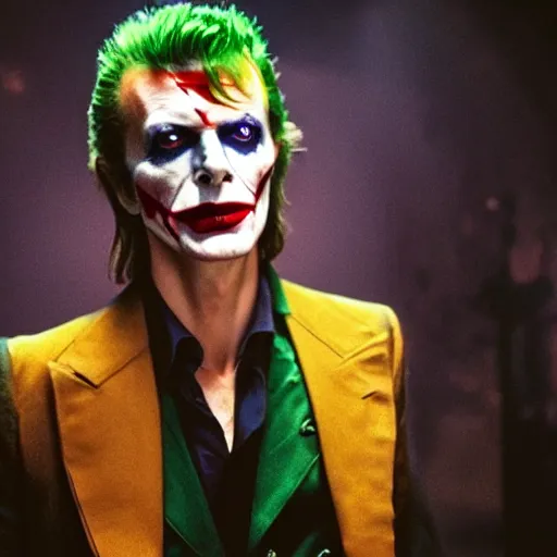 Image similar to awe inspiring David Bowie pkaying The Joker 8k hdr movie still dynamic lighting