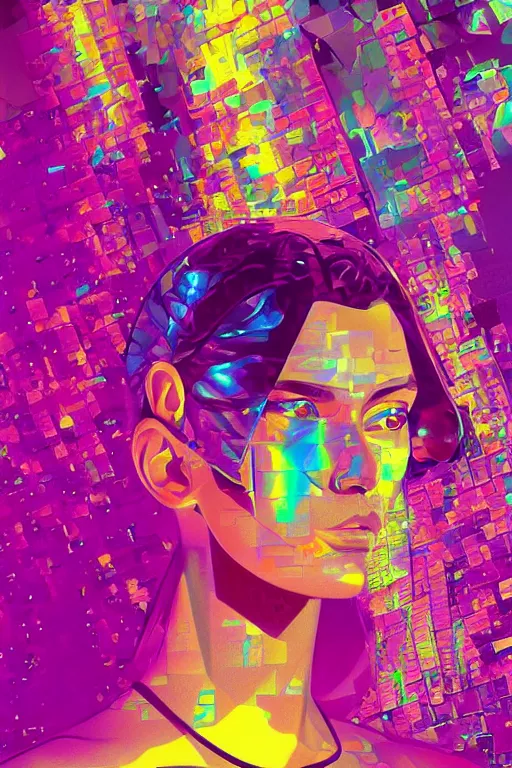 Prompt: surreal raw portrait, digital painting, an beautiful, crazy hacker girl, lost in code, synthwave, glitch!!, fractured reality, refraction, glitter, realistic, hyperdetailed, golden hour, concept art, art by syd mead, cubism