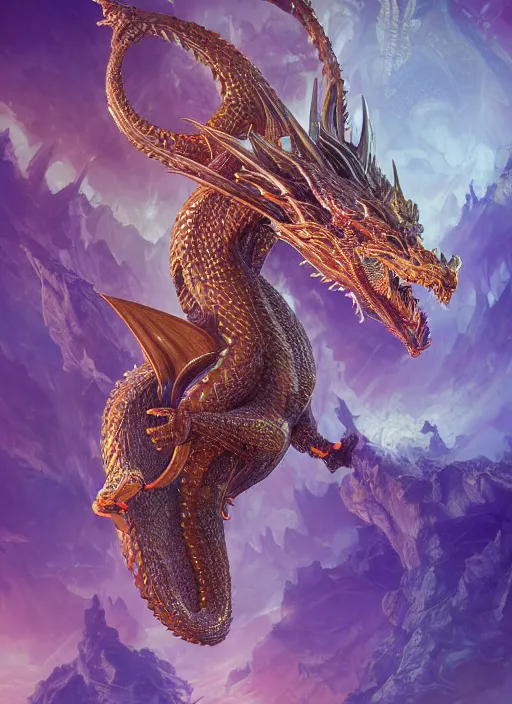 Image similar to octane render, a hyper detailed octane render of portrait of dragon, by xision, dan mumford and kerem beyit, sandara tang ， ellen jewett, sacred ; cloud, silk,, sacred, religion, artstation, magnificence, shimmer, purple detail, mysterious, gold paper with detailed line work, golden ratio