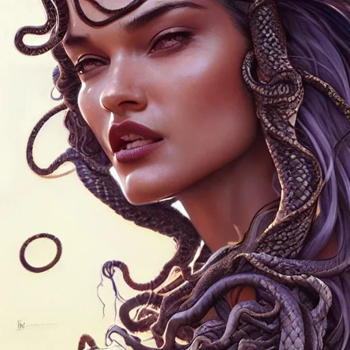 Prompt: Shanina Shaik as Medusa, screaming, snakes for hair, intricate, elegant, highly detailed, digital painting, artstation, concept art, smooth, sharp focus, illustration, art by artgerm and greg rutkowski and alphonse mucha