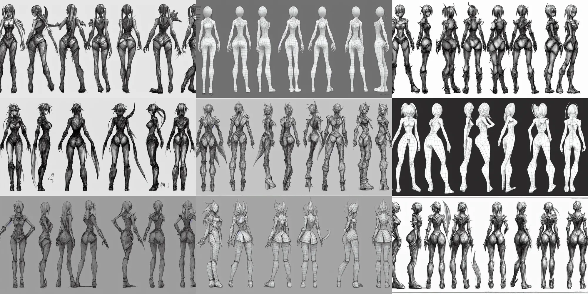 Prompt: female concept art, front, side, and back view, arms outstretched, modeling reference sheet, lineart, orthographic view, ink, black and white, varying thickness, manga pen, in the style of final fantasy ix, 3 d modeling concept sheet, white background