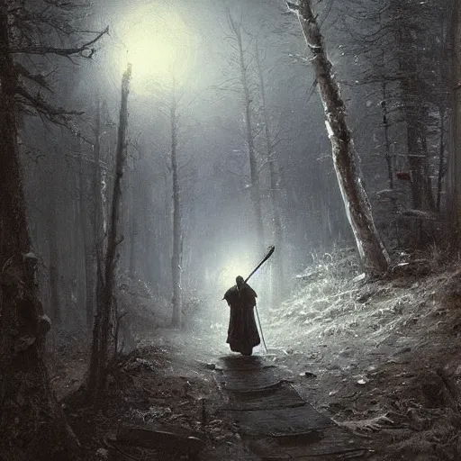 Image similar to a hooded figure carrying a torch approaches an abandoned tavern on a moonlit night, Ivan Shishkin and Greg Rutkowski