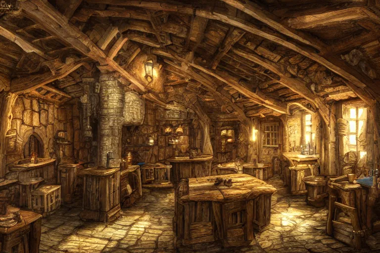 Image similar to A tiny medieval tavern viewed from the inside, texture, intricate, details, highly detailed, masterpiece, architecture, building, trending on artstation, focus, sharp focus, concept art, digital painting, fantasy, sunny, day, midday