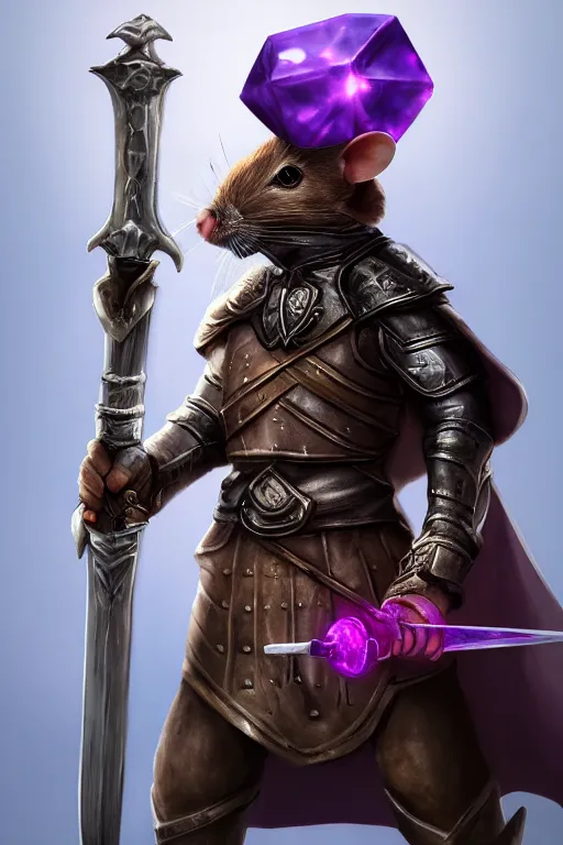 Prompt: armored mouse warrior holding a sword in one hand and reaching for a floating purple crystal with the other, trending on Artstation, RPG Portrait, 8k, UHD