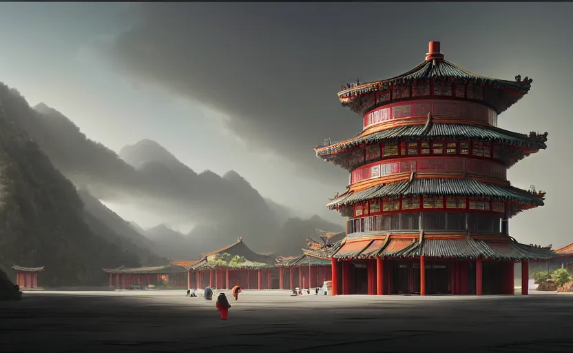 Image similar to exterior shot of utopian ancient chinese architecture with cinematic lighting by zaha hadid peter zumthor and renzo piano and frank gehry, darek zabrocki and greg ruthkowski, simon stalenhag, cinematic, holy place, paradise, scifi, futurism, atmospheric, concept art, artstation, trending on artstation