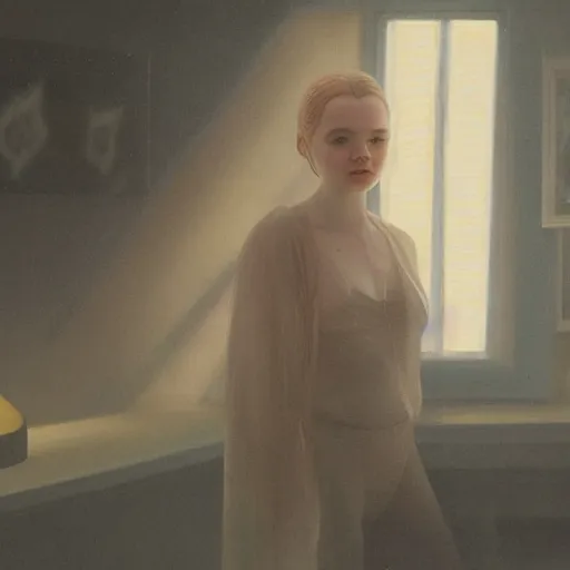 Prompt: Elle Fanning as a hologram in the world of Adam Wyeth, head and shoulders portrait, stormy weather, extremely detailed masterpiece, oil on canvas, low-key neon lighting, artstation, Blade Runner 2049, Roger Deakin’s cinematography, by J. C. Leyendecker and Peter Paul Rubens and Edward Hopper and Michael Sowa,