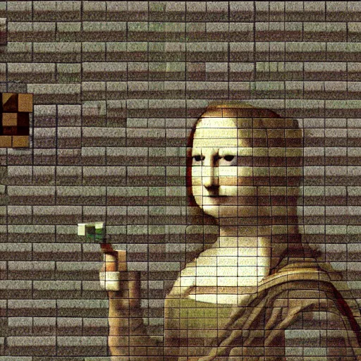 Prompt: high definition picture of a painting of a minecraft dirt block on a wall, with only the body of the mona lisa