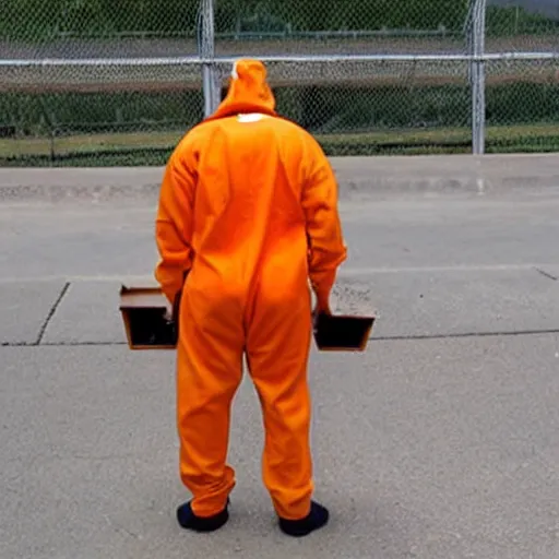 Image similar to inmate with orange suit and wearing a bee head