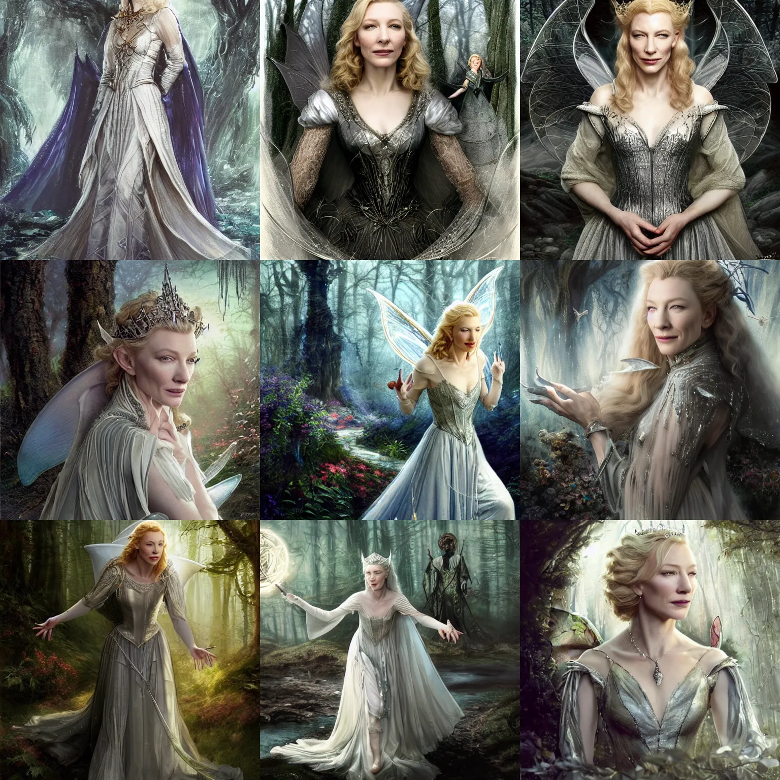 Prompt: portrait of mischievous, dangerous Cate Blanchett's Galadriel as a queen of fairies, dressed in a beautiful silver dress. The background is a dark, creepy eastern europen forrest. night, horroristic shadows, high contrasts, lumnious, theatrical, character concept art by ruan jia, thomas kinkade, and J.Dickenson, trending on Artstation