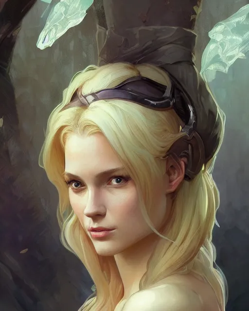 Image similar to '' Portrait of Beautiful blonde Slavic woman in her early 30’s, league of legends, LOL, fantasy, d&d, digital painting, artstation, concept art, sharp focus, illustration, art by greg rutkowski and alphonse mucha ''