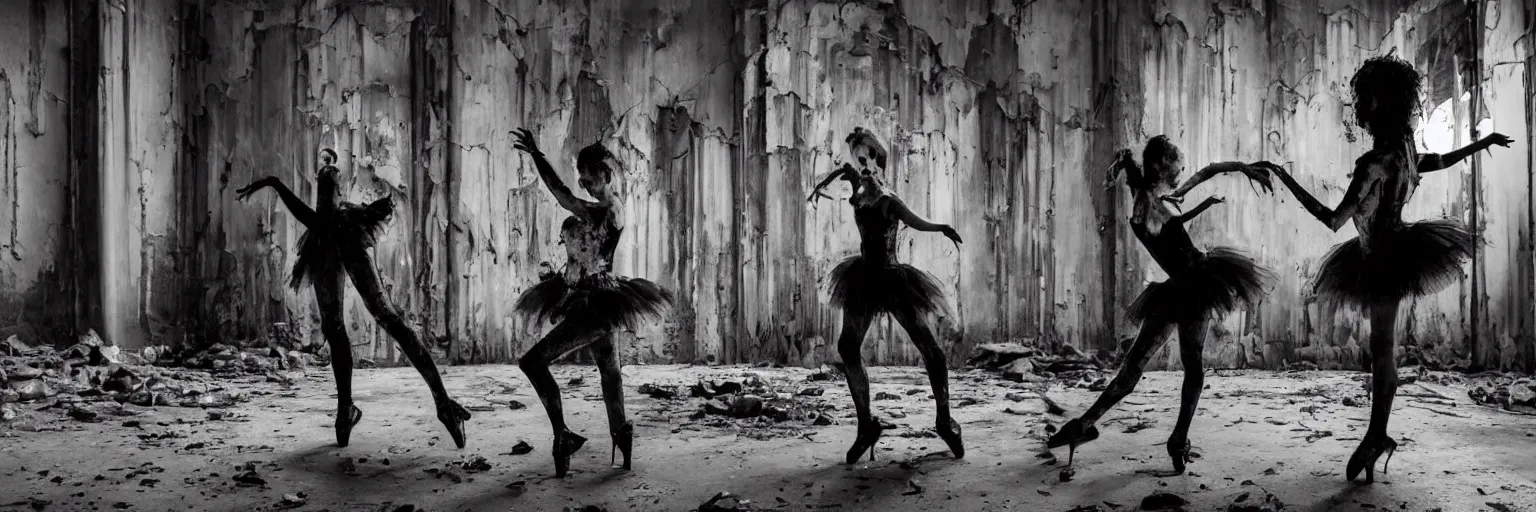 Image similar to a pair of horror zombie ballerina's in black latex tutu dancing swanlake in a rundown, moldy and dirty theater. light is coming in via stained windows, henri cartier besson