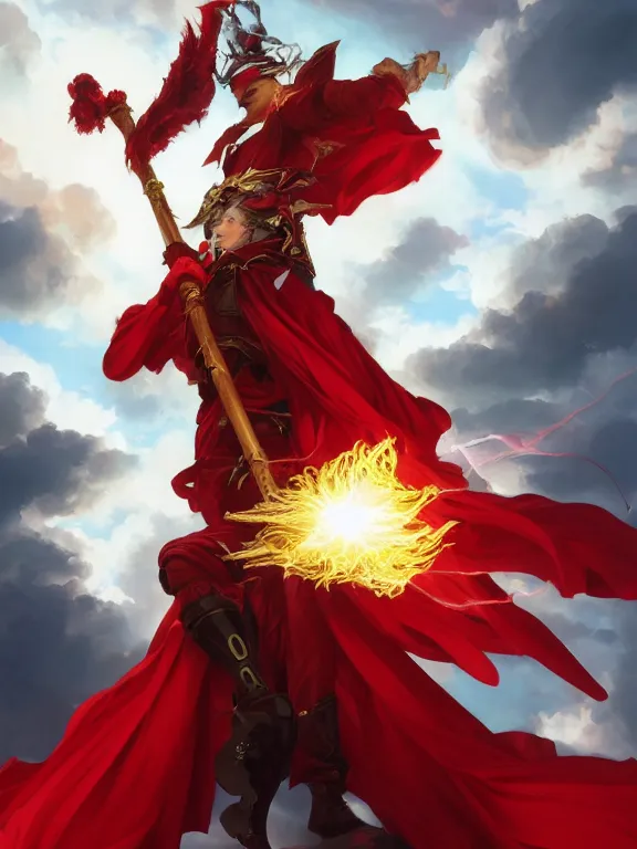 Prompt: A Portrait of a boisterous Red Mage wearing striped shining armor holding a staff of power surrounded by an epic cloudscape. The Magus Omega . Red Wizard. Morpheus. Symmetrical. masterpiece. 4k digital illustration. by Ruan Jia and Artgerm and Andreas Rocha and William-Adolphe Bouguereau and Jean-Baptiste de Champaigne. award winning, Artstation, intricate details, realistic, Hyperdetailed, 8k resolution. Concept Painting. Key Art