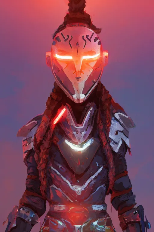 Image similar to combination suit armor aloy horizon forbidden west horizon zero dawn radiating a glowing aura global illumination ray tracing hdr fanart arstation by ian pesty and alena aenami artworks in 4 k tribal robot ninja mask helmet backpack