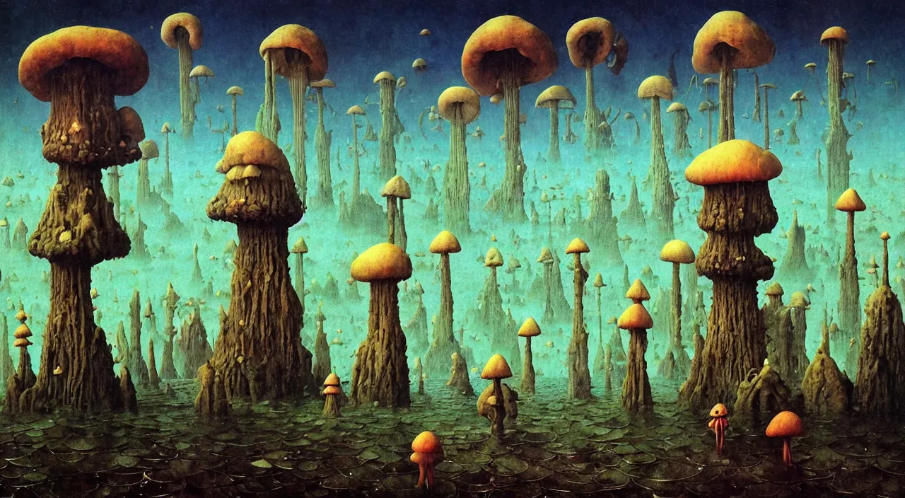 Image similar to single flooded simple!! ( lovecraftian ) toadstool tower anatomy, very coherent and colorful high contrast masterpiece by norman rockwell franz sedlacek hieronymus bosch dean ellis simon stalenhag rene magritte gediminas pranckevicius, dark shadows, sunny day, hard lighting