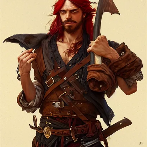 Image similar to portrait of a young rugged pirate, male, masculine, upper body, red hair, long hair, d & d, fantasy, intricate, elegant, highly detailed, digital painting, artstation, concept art, matte, sharp focus, illustration, art by artgerm and greg rutkowski and alphonse mucha