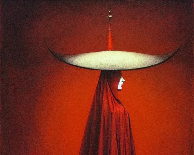 Image similar to devotion to the scarlet woman, priestess in a conical hat, coronation, ritual, sacrament, by francis bacon, beksinski, mystical redscale photography evocative.