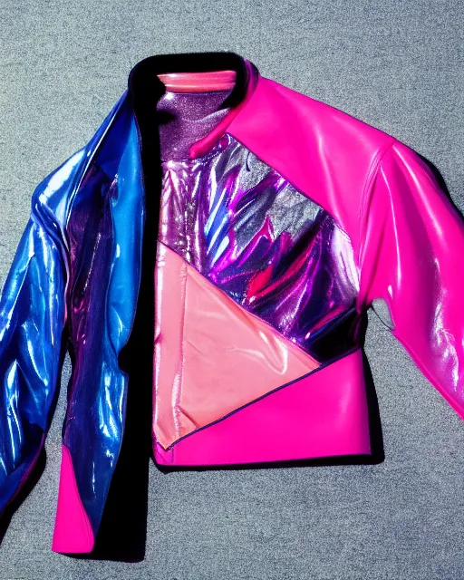 Image similar to an award winning fashion photograph of Balenciaga's techno jacket by Catherine Opie and Demna Gvasalia, cyberpunk, futuristic, Bladerunner 2049, dazzle camouflage!, chromatic, pearlescent, prismatic, dayglo pink, dayglo blue