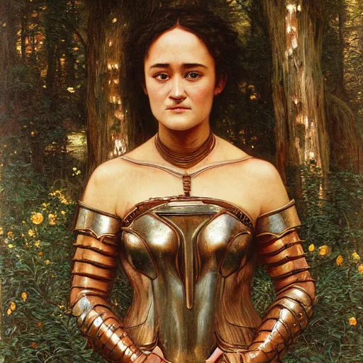 Prompt: a detailed, beautiful portrait oil painting of keisha castle hughes, with a hurt expression, wearing intricate, etched copper armor in an ancient forest, by donato giancola, john williams waterhouse, and william adolphe bouguereau