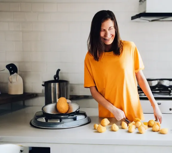 Prompt: A tomboyish girl wearing only an oversized tshirt is making scrambled eggs in the kitchen. It is a cozy morning. Amateur photo.