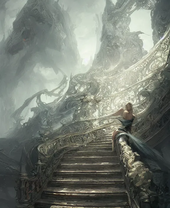 Prompt: stairway to heaven, fantasy, intricate, elegant, highly detailed, digital painting, artstation, concept art, art by artgerm and and ruan jia