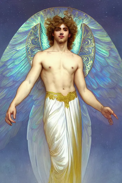 Prompt: fullbody portrait of a beautiful young fit male angel with curly blond hairs, soft smile, closed eyes, blessing palms, dressed in long fluent skirt, majestic symmetrical eagle wings, luminous halo, by greg rutkowski and alphonse mucha, gradient white to gold, in front of an iridescent background, highly detailed portrait, digital painting, smooth, sharp focus illustration