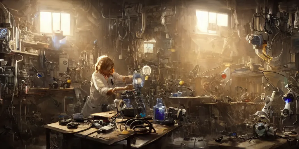 Prompt: an environmental concept art of a female scientist building a robot in a cluttered workshop, highly detailed, cinematic, dramatic lighting, close shot by francis tneh