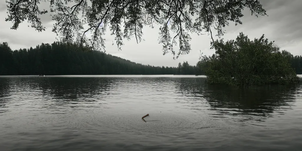 Prompt: centered photograph of a infinitely long rope zig zagging snaking across the surface of the water into the distance, floating submerged rope stretching out towards the center of the lake, a dark lake on a cloudy day, color film, trees in the background, hyper - detailed photo, anamorphic lens