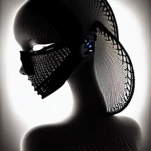 Image similar to portrait of a young beautiful woman with a mask. contemporary photograph and speed painting and fractal and mandelbulb and lines and scribble art. black and white. intricate, elegant, super highly detailed, professional digital painting, artstation, concept art, smooth, sharp focus, no blur, no dof, extreme illustration, Unreal Engine 5, Photorealism, HD quality, 8k resolution, cinema 4d, 3D, beautiful, cinematic, art by artgerm and greg rutkowski and alphonse mucha and loish and WLOP.