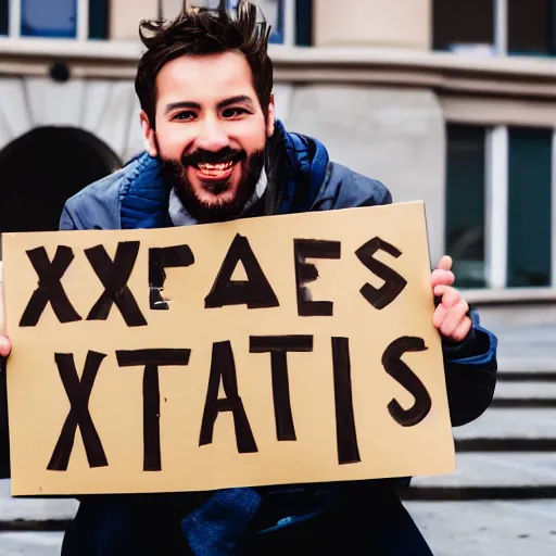 Prompt: photograph of smiling man holding a protest sign saying'xdxbfjzbd in the ahhhahhhahh ', high detail, 8 k resolution