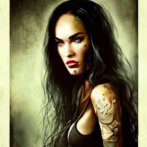 Prompt: Megan Fox on stage playing rock and roll by Bastien Lecouffe-Deharme