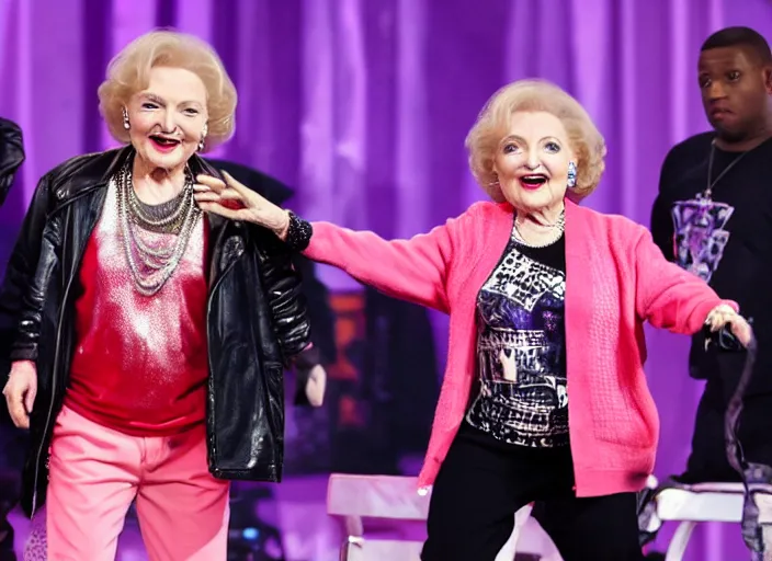 Image similar to publicity photo still of betty white as a gangsta rapper live on stage, 8 k, live concert lighting, mid shot