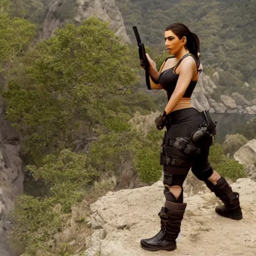 Prompt: A still of Kim Kardashian as Lara Croft